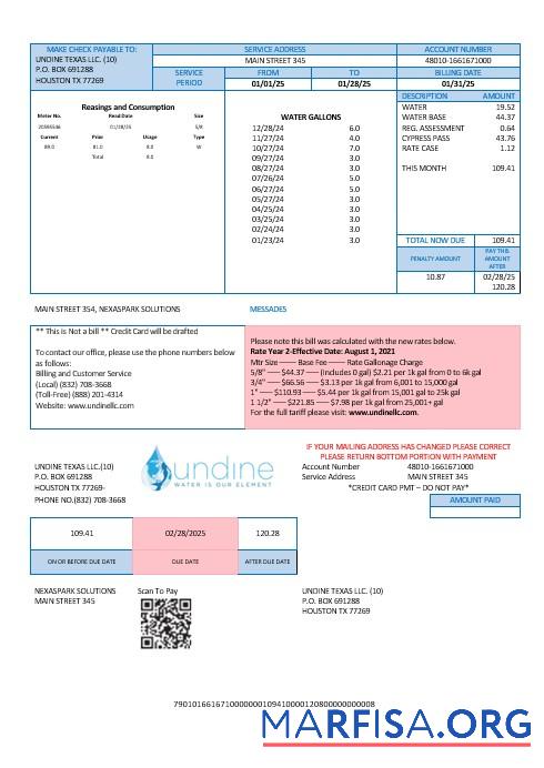 Realistic USA Texas Undine water is our element water business utility bill Word and PDF formats example